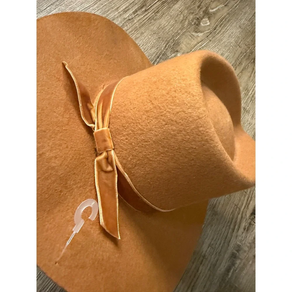 Rylee + Cru Youth Wide Brim Wool Fedora Hat Camel Brown Velvet Ribbon